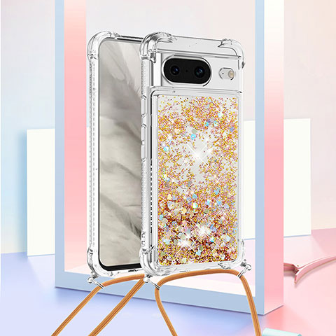 Custodia Silicone Cover Morbida Bling-Bling con Cinghia Cordino Mano S03 per Google Pixel 8 5G Oro