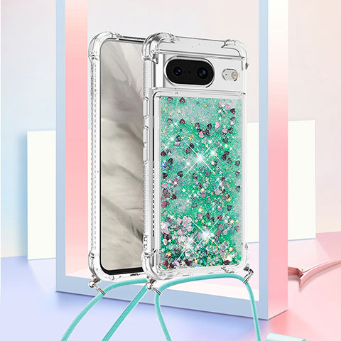 Custodia Silicone Cover Morbida Bling-Bling con Cinghia Cordino Mano S03 per Google Pixel 8 5G Verde