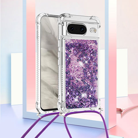 Custodia Silicone Cover Morbida Bling-Bling con Cinghia Cordino Mano S03 per Google Pixel 8 5G Viola