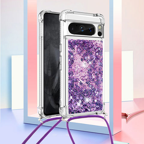 Custodia Silicone Cover Morbida Bling-Bling con Cinghia Cordino Mano S03 per Google Pixel 8 Pro 5G Viola