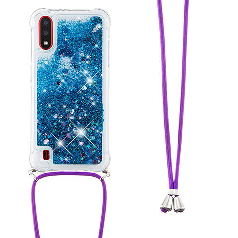 Custodia Silicone Cover Morbida Bling-Bling con Cinghia Cordino Mano S03 per Samsung Galaxy A01 SM-A015 Blu