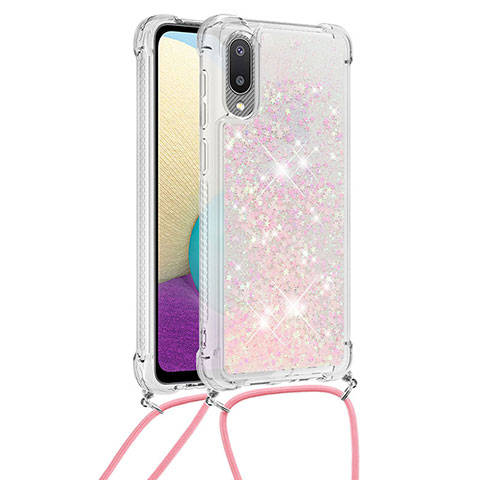 Custodia Silicone Cover Morbida Bling-Bling con Cinghia Cordino Mano S03 per Samsung Galaxy A02 Rosa