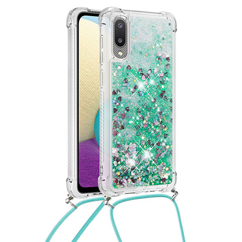 Custodia Silicone Cover Morbida Bling-Bling con Cinghia Cordino Mano S03 per Samsung Galaxy A02 Verde