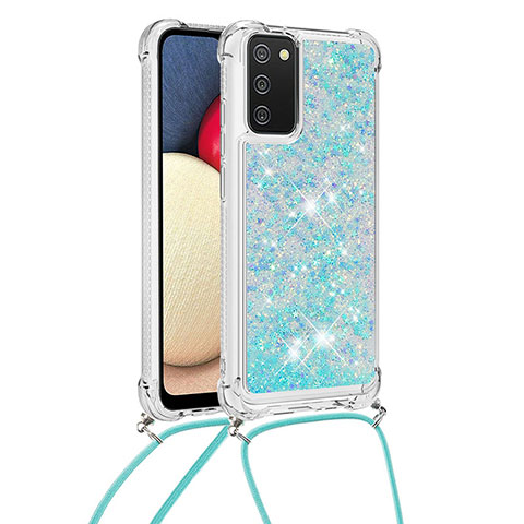 Custodia Silicone Cover Morbida Bling-Bling con Cinghia Cordino Mano S03 per Samsung Galaxy A03s Cielo Blu