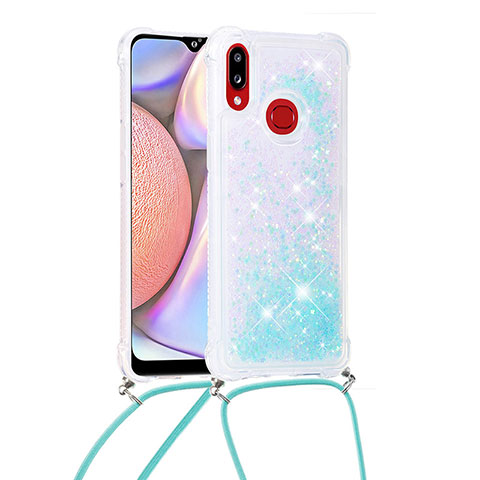 Custodia Silicone Cover Morbida Bling-Bling con Cinghia Cordino Mano S03 per Samsung Galaxy A10s Cielo Blu