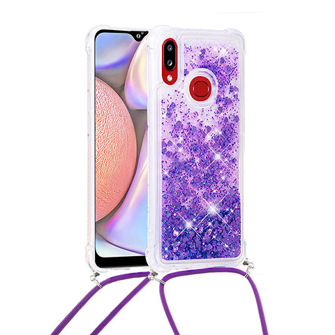 Custodia Silicone Cover Morbida Bling-Bling con Cinghia Cordino Mano S03 per Samsung Galaxy A10s Viola