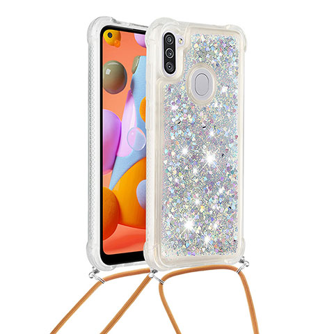 Custodia Silicone Cover Morbida Bling-Bling con Cinghia Cordino Mano S03 per Samsung Galaxy A11 Argento