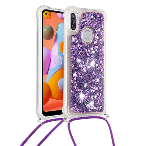 Custodia Silicone Cover Morbida Bling-Bling con Cinghia Cordino Mano S03 per Samsung Galaxy A11 Viola