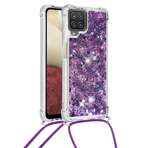 Custodia Silicone Cover Morbida Bling-Bling con Cinghia Cordino Mano S03 per Samsung Galaxy A12 5G Viola
