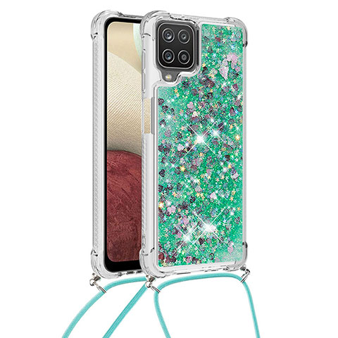 Custodia Silicone Cover Morbida Bling-Bling con Cinghia Cordino Mano S03 per Samsung Galaxy A12 Nacho Verde