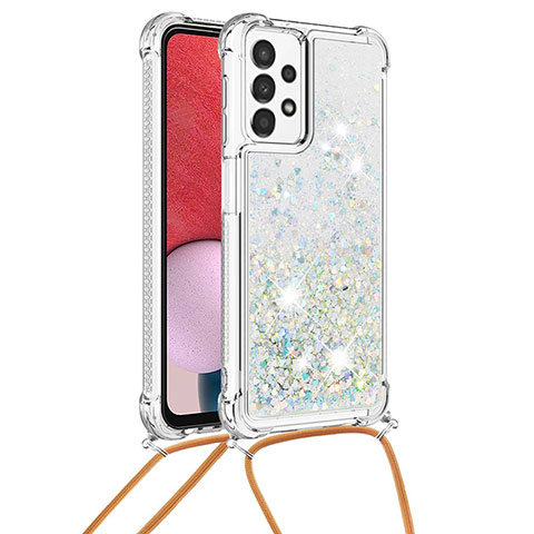 Custodia Silicone Cover Morbida Bling-Bling con Cinghia Cordino Mano S03 per Samsung Galaxy A13 4G Argento