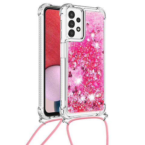 Custodia Silicone Cover Morbida Bling-Bling con Cinghia Cordino Mano S03 per Samsung Galaxy A13 4G Rosa Caldo