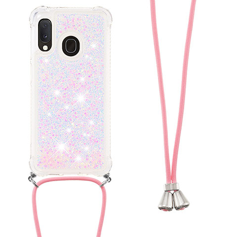 Custodia Silicone Cover Morbida Bling-Bling con Cinghia Cordino Mano S03 per Samsung Galaxy A20e Rosa