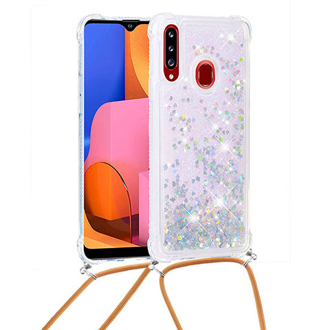 Custodia Silicone Cover Morbida Bling-Bling con Cinghia Cordino Mano S03 per Samsung Galaxy A20s Argento