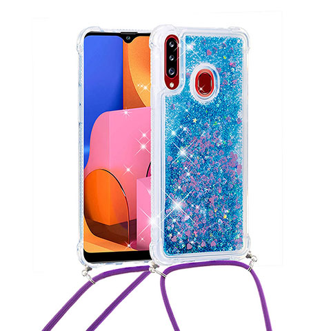 Custodia Silicone Cover Morbida Bling-Bling con Cinghia Cordino Mano S03 per Samsung Galaxy A20s Blu