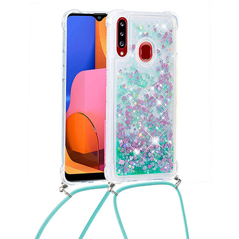 Custodia Silicone Cover Morbida Bling-Bling con Cinghia Cordino Mano S03 per Samsung Galaxy A20s Verde