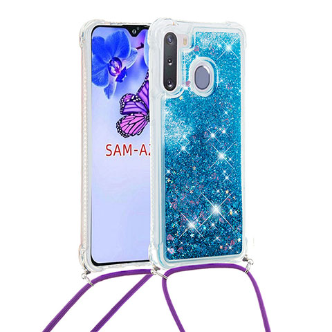 Custodia Silicone Cover Morbida Bling-Bling con Cinghia Cordino Mano S03 per Samsung Galaxy A21 European Blu