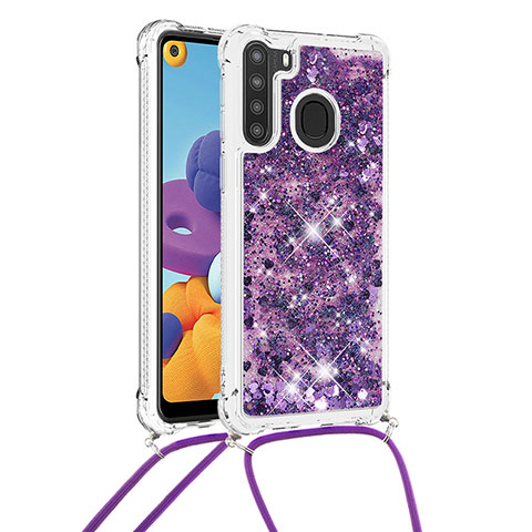 Custodia Silicone Cover Morbida Bling-Bling con Cinghia Cordino Mano S03 per Samsung Galaxy A21 Viola