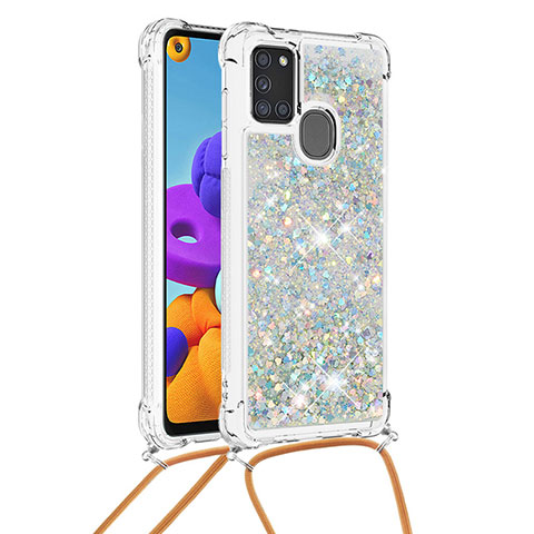 Custodia Silicone Cover Morbida Bling-Bling con Cinghia Cordino Mano S03 per Samsung Galaxy A21s Argento