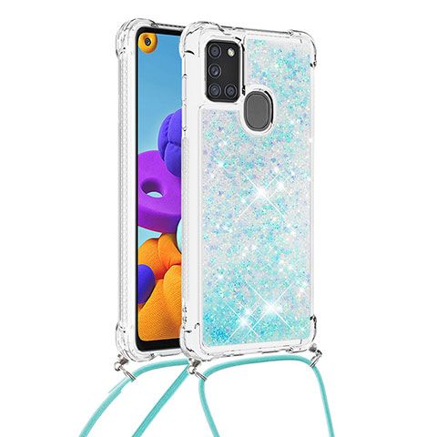 Custodia Silicone Cover Morbida Bling-Bling con Cinghia Cordino Mano S03 per Samsung Galaxy A21s Cielo Blu