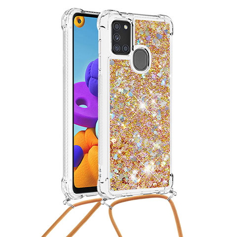 Custodia Silicone Cover Morbida Bling-Bling con Cinghia Cordino Mano S03 per Samsung Galaxy A21s Oro