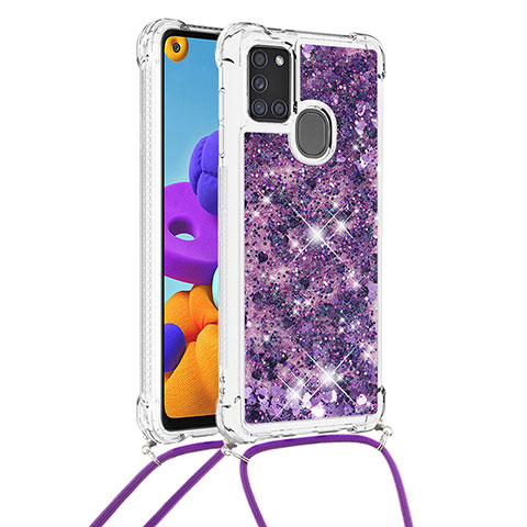 Custodia Silicone Cover Morbida Bling-Bling con Cinghia Cordino Mano S03 per Samsung Galaxy A21s Viola