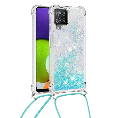 Custodia Silicone Cover Morbida Bling-Bling con Cinghia Cordino Mano S03 per Samsung Galaxy A22 4G Cielo Blu