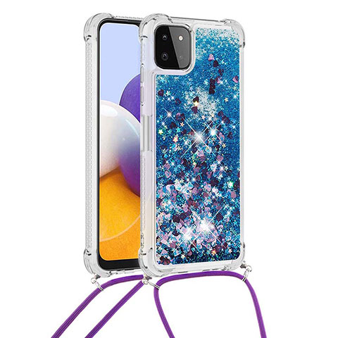 Custodia Silicone Cover Morbida Bling-Bling con Cinghia Cordino Mano S03 per Samsung Galaxy A22s 5G Blu