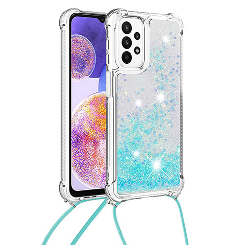 Custodia Silicone Cover Morbida Bling-Bling con Cinghia Cordino Mano S03 per Samsung Galaxy A23 4G Cielo Blu