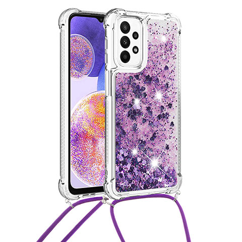 Custodia Silicone Cover Morbida Bling-Bling con Cinghia Cordino Mano S03 per Samsung Galaxy A23 5G Viola