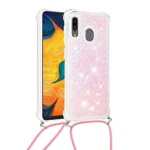 Custodia Silicone Cover Morbida Bling-Bling con Cinghia Cordino Mano S03 per Samsung Galaxy A30 Rosa