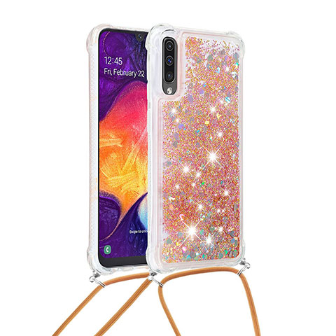 Custodia Silicone Cover Morbida Bling-Bling con Cinghia Cordino Mano S03 per Samsung Galaxy A30S Oro