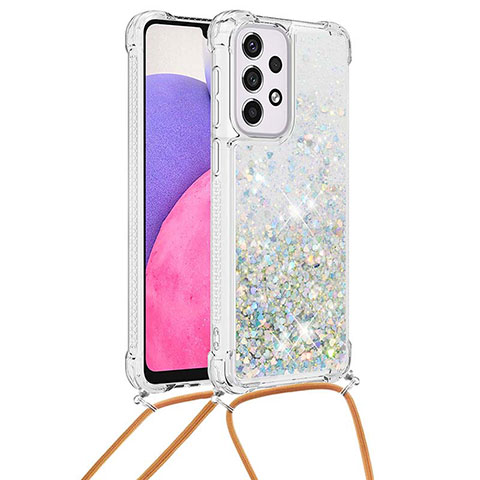 Custodia Silicone Cover Morbida Bling-Bling con Cinghia Cordino Mano S03 per Samsung Galaxy A33 5G Argento