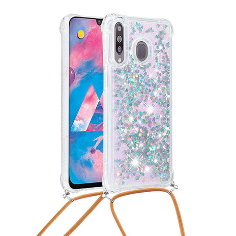 Custodia Silicone Cover Morbida Bling-Bling con Cinghia Cordino Mano S03 per Samsung Galaxy A40s Argento