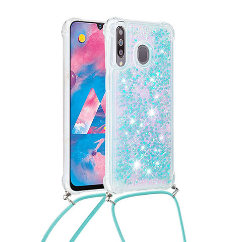 Custodia Silicone Cover Morbida Bling-Bling con Cinghia Cordino Mano S03 per Samsung Galaxy A40s Cielo Blu