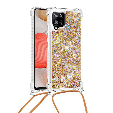 Custodia Silicone Cover Morbida Bling-Bling con Cinghia Cordino Mano S03 per Samsung Galaxy A42 5G Oro