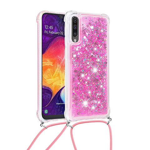 Custodia Silicone Cover Morbida Bling-Bling con Cinghia Cordino Mano S03 per Samsung Galaxy A50 Rosa Caldo