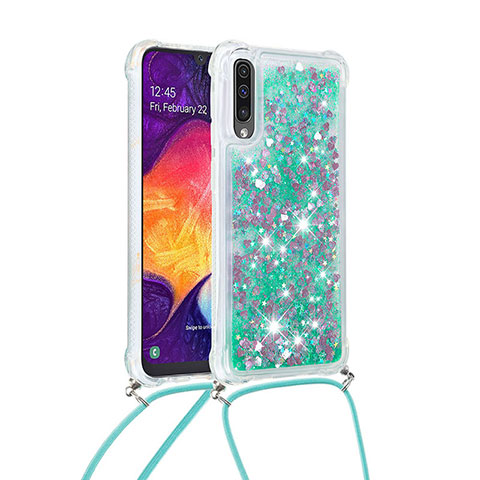 Custodia Silicone Cover Morbida Bling-Bling con Cinghia Cordino Mano S03 per Samsung Galaxy A50S Verde