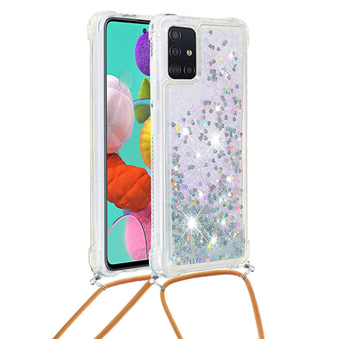 Custodia Silicone Cover Morbida Bling-Bling con Cinghia Cordino Mano S03 per Samsung Galaxy A51 5G Argento