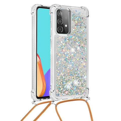 Custodia Silicone Cover Morbida Bling-Bling con Cinghia Cordino Mano S03 per Samsung Galaxy A52 4G Argento