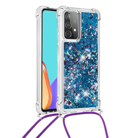 Custodia Silicone Cover Morbida Bling-Bling con Cinghia Cordino Mano S03 per Samsung Galaxy A52 4G Blu