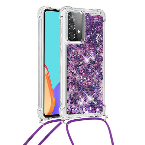 Custodia Silicone Cover Morbida Bling-Bling con Cinghia Cordino Mano S03 per Samsung Galaxy A52 4G Viola