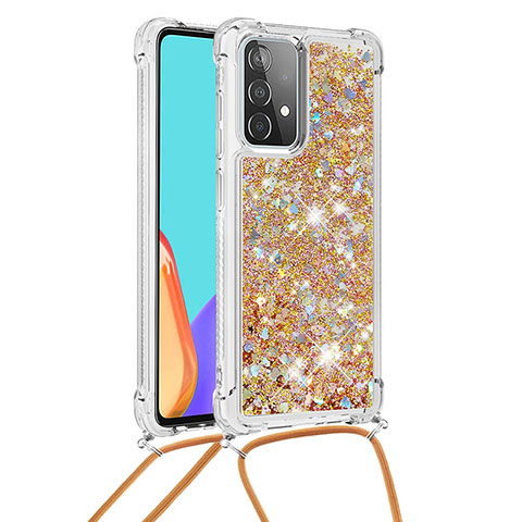 Custodia Silicone Cover Morbida Bling-Bling con Cinghia Cordino Mano S03 per Samsung Galaxy A52 5G Oro