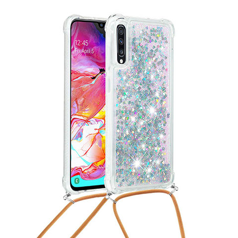 Custodia Silicone Cover Morbida Bling-Bling con Cinghia Cordino Mano S03 per Samsung Galaxy A70S Argento