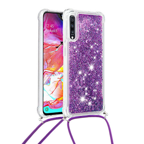 Custodia Silicone Cover Morbida Bling-Bling con Cinghia Cordino Mano S03 per Samsung Galaxy A70S Viola