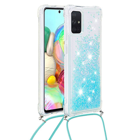 Custodia Silicone Cover Morbida Bling-Bling con Cinghia Cordino Mano S03 per Samsung Galaxy A71 5G Cielo Blu