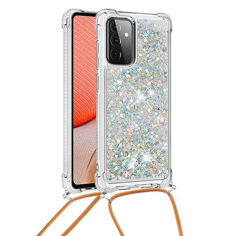 Custodia Silicone Cover Morbida Bling-Bling con Cinghia Cordino Mano S03 per Samsung Galaxy A72 4G Argento