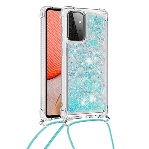 Custodia Silicone Cover Morbida Bling-Bling con Cinghia Cordino Mano S03 per Samsung Galaxy A72 4G Cielo Blu