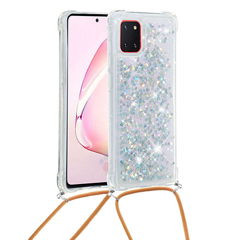 Custodia Silicone Cover Morbida Bling-Bling con Cinghia Cordino Mano S03 per Samsung Galaxy A81 Argento