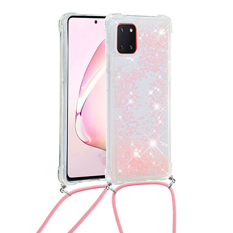 Custodia Silicone Cover Morbida Bling-Bling con Cinghia Cordino Mano S03 per Samsung Galaxy A81 Rosa